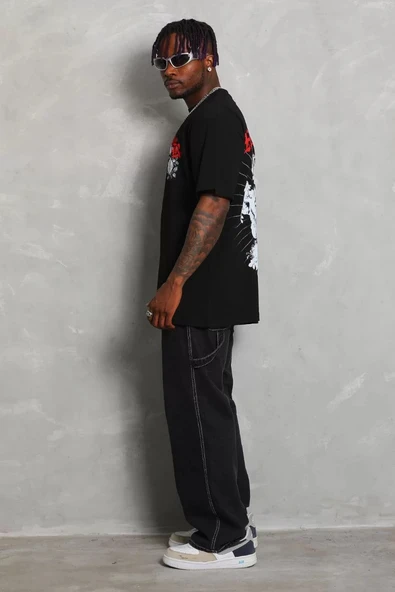 Unisex Oversize Baskılı Bisiklet Yaka T-Shirt - Siyah - Resim 6