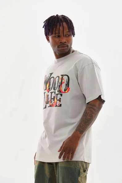 Unisex Baskılı Oversize T-Shirt - Gri - 4
