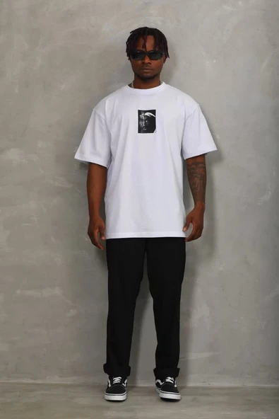 Unisex Oversize Baskılı Bisiklet Yaka T-Shirt - Beyaz - Resim 4