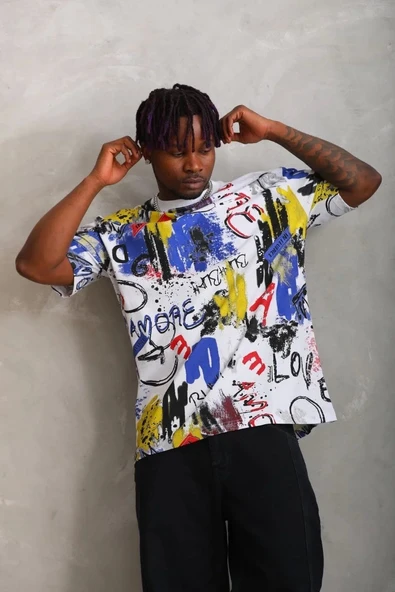 Unisex Oversize Baskılı Bisiklet Yaka T-Shirt - Beyaz - Resim 7