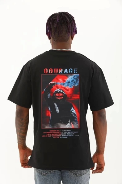 Unisex Oversize Baskılı Bisiklet Yaka T-Shirt - Siyah - Resim 5