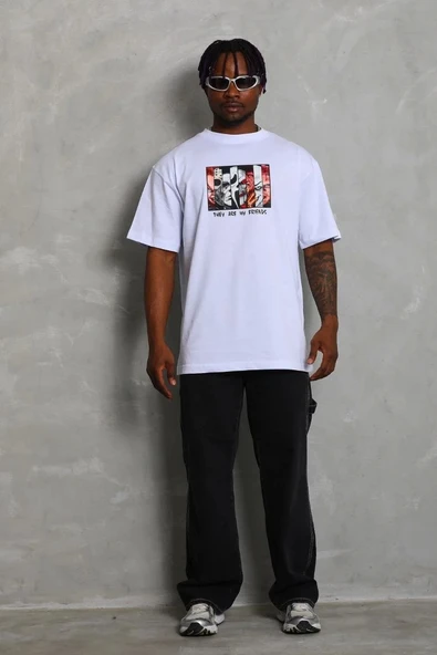 Unisex Oversize Baskılı Bisiklet Yaka T-Shirt - Beyaz - Resim 4