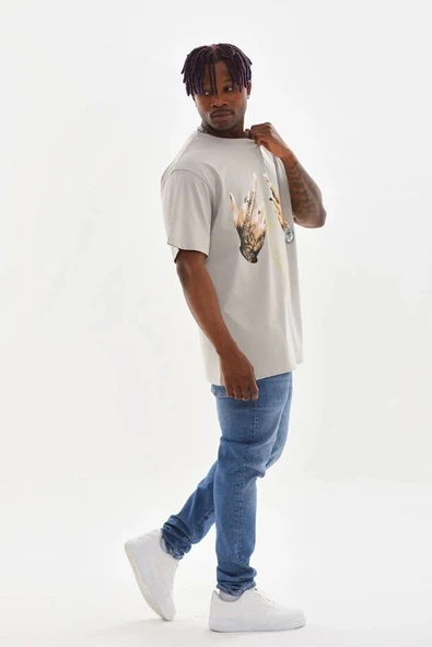 Unisex Baskılı Oversize T-Shirt - Gri - Resim 6