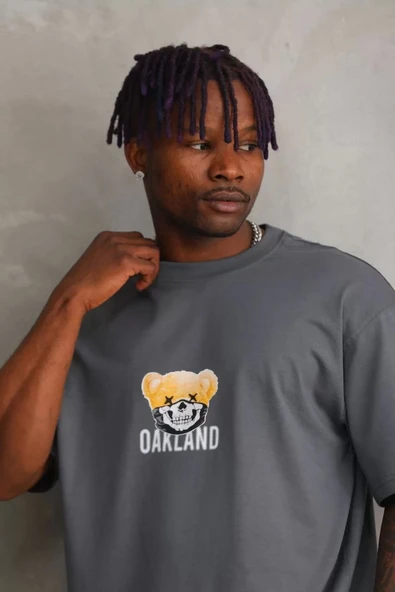 Unisex Baskılı Oversize T-Shirt - Füme ürün görseli