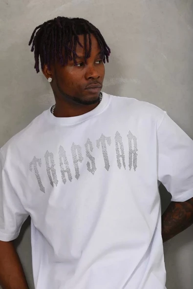 Unisex Oversize Taşlı Bisiklet Yaka T-Shirt - Beyaz - Resim 2