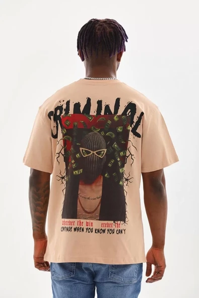 Unisex Baskılı Oversize T-Shirt - Bej - Resim 2