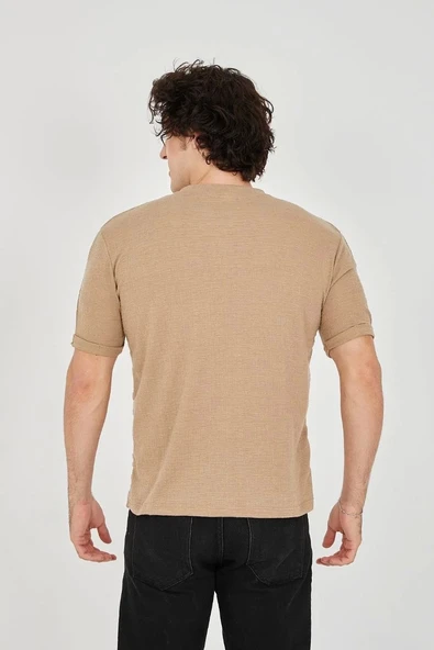 Unisex Jakar Kumaş Slim Fit T-Shirt - Kahverengi - Resim 3