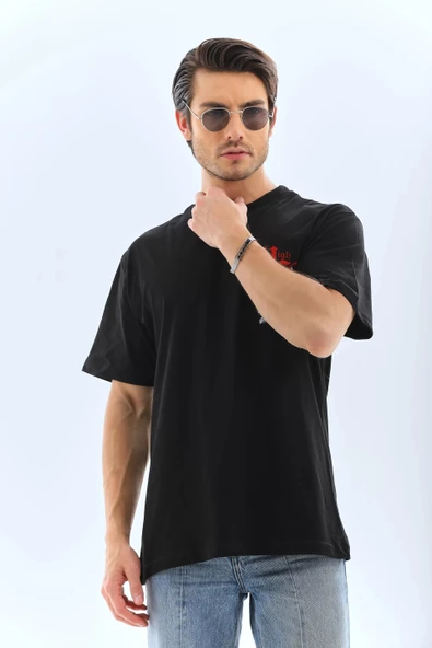 Unisex Oversize Baskılı Bisiklet Yaka T-Shirt - Siyah - Resim 5