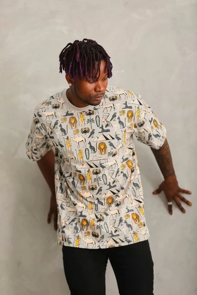 Unisex Oversize Baskılı Bisiklet Yaka T-Shirt - Gri - Resim 5