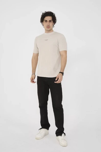 Unisex Bisiklet Yaka Slim fit T-Shirt- Bej - Resim 6