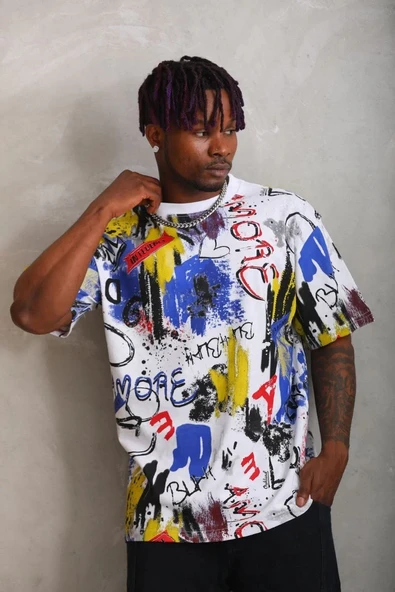 Unisex Oversize Baskılı Bisiklet Yaka T-Shirt - Beyaz - Resim 5