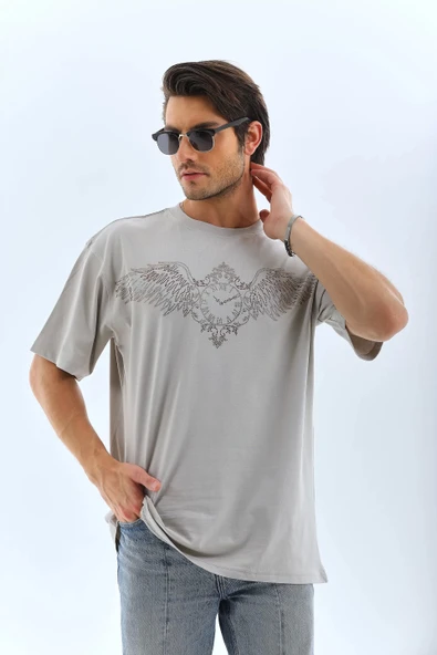 Unisex Oversize Taşlı Bisiklet Yaka T-Shirt - Gri - Resim 3