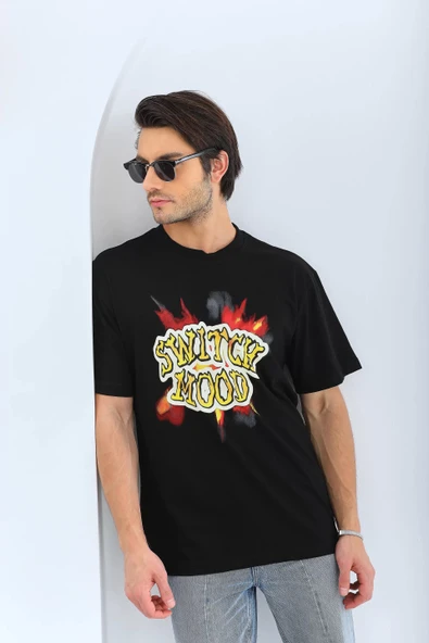 Unisex Oversize Baskılı Bisiklet Yaka T-Shirt - Siyah - Resim 8