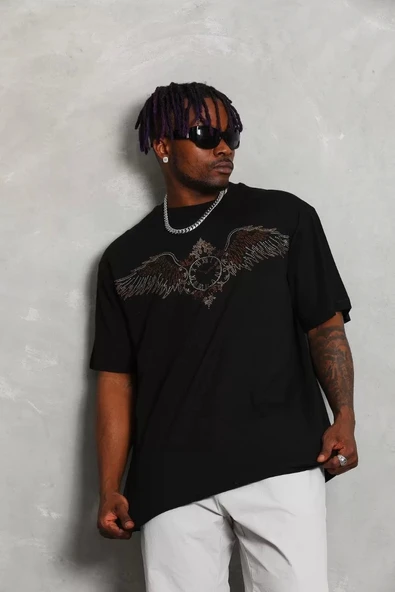 Unisex Oversize Taşlı Bisiklet Yaka T-Shirt - Siyah - Resim 4