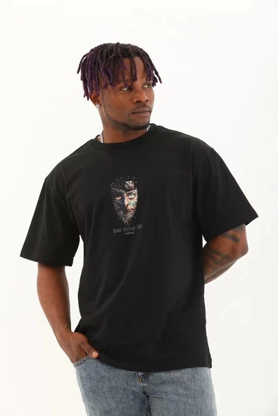 Unisex Oversize Baskılı Bisiklet Yaka T-Shirt - Siyah ürün görseli