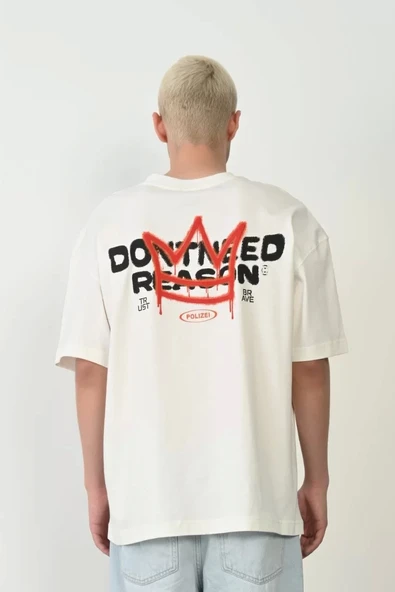 Unisex Baskılı Bisiklet Yaka Oversize T-Shirt - Beyaz - Resim 2