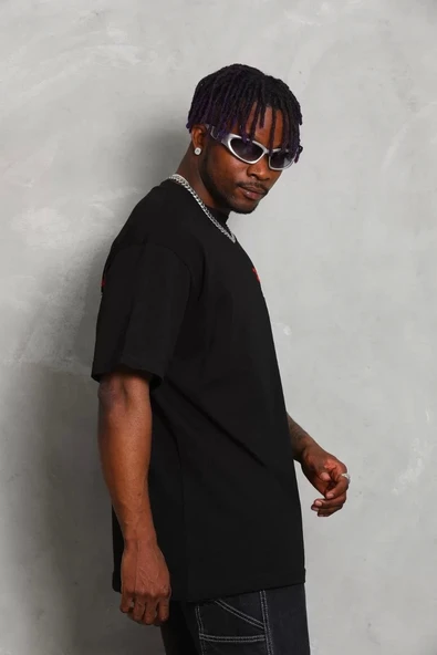 Unisex Oversize Baskılı Bisiklet Yaka T-Shirt - Siyah - Resim 5