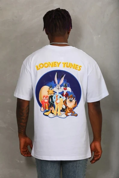 Unisex Oversize Baskılı Bisiklet Yaka T-Shirt - Beyaz - Resim 5