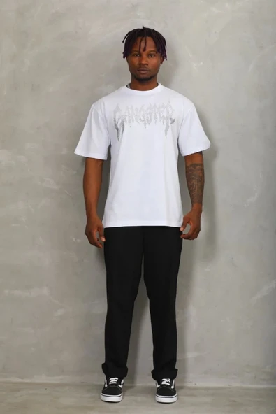 Unisex Oversize Taşlı Bisiklet Yaka T-Shirt - Beyaz - Resim 5