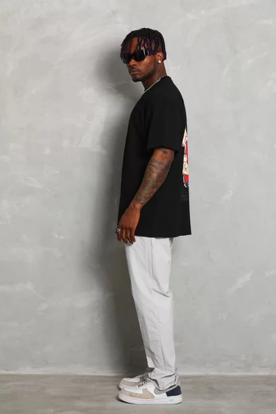 Unisex Oversize Baskılı Bisiklet Yaka T-Shirt - Siyah - Resim 4