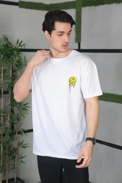 Unisex Bisiklet Yaka Baskılı Oversize T-Shirt - Beyaz - Resim 2