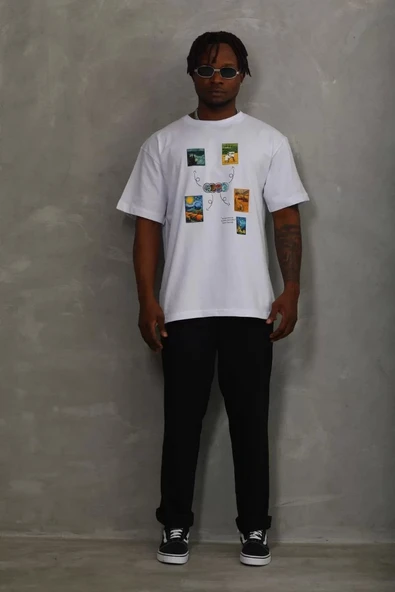 Unisex Oversize Baskılı Bisiklet Yaka T-Shirt - Beyaz - Resim 4