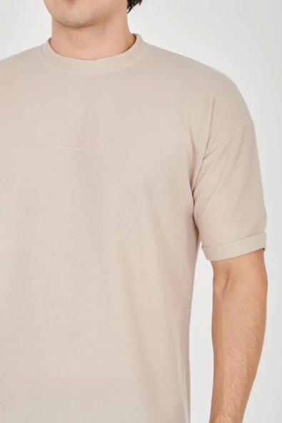 Unisex Jakar Kumaş Rahat Kol T-Shirt - Bej - Resim 2