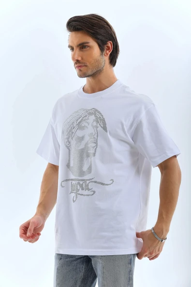 Unisex Oversize Taşlı Bisiklet Yaka T-Shirt - Beyaz - Resim 7