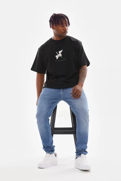Unisex Baskılı Oversize T-Shirt - Siyah - Resim 3