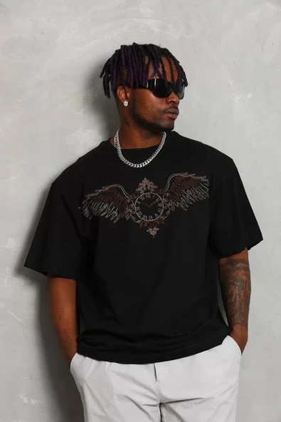 Unisex Oversize Taşlı Bisiklet Yaka T-Shirt - Siyah ürün görseli