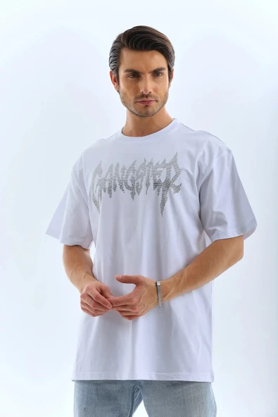 Unisex Oversize Taşlı Bisiklet Yaka T-Shirt - Beyaz - Resim 4