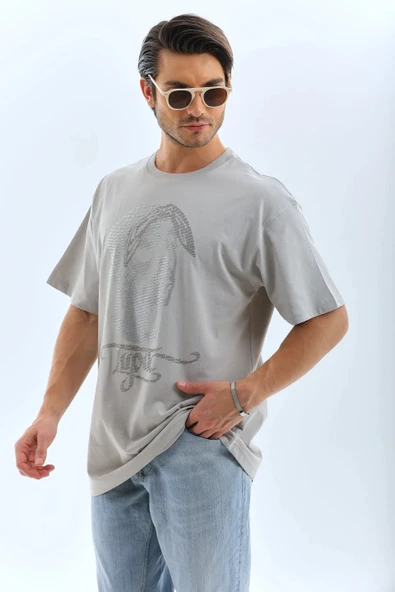 Unisex Oversize Taşlı Bisiklet Yaka T-Shirt - Gri - Resim 5