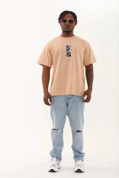Unisex Oversize Baskılı Bisiklet Yaka T-Shirt - Bej - Resim 3