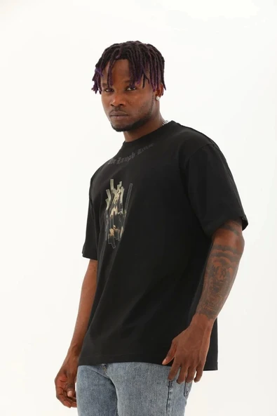 Unisex Oversize Baskılı Bisiklet Yaka T-Shirt - Siyah - 1