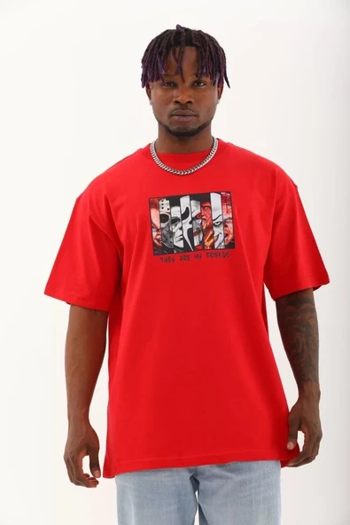 Unisex Oversize Baskılı Bisiklet Yaka T-Shirt - Kırmızı ürün görseli