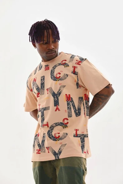 Unisex Baskılı Oversize T-Shirt - Bej - Resim 7