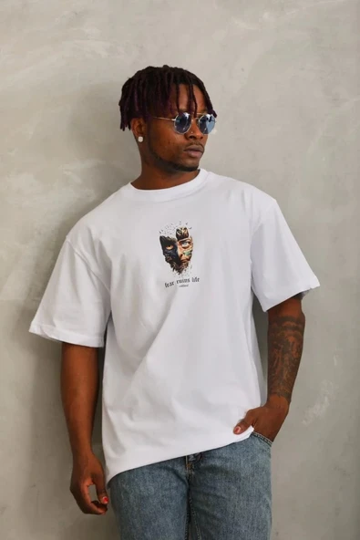 Unisex Oversize Baskılı Bisiklet Yaka T-Shirt - Beyaz ürün görseli