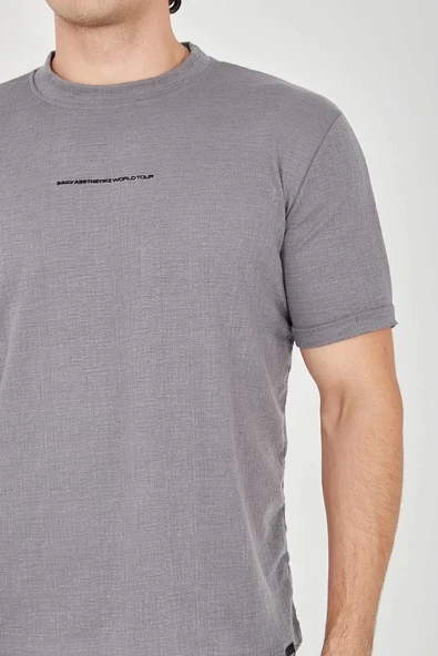 Unisex Jakar Kumaş Slim Fit T-Shirt - Boyalı Gri - Resim 3