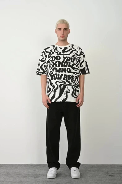 Unisex Baskılı Bisiklet Yaka Oversize T-Shirt - Beyaz - Resim 2