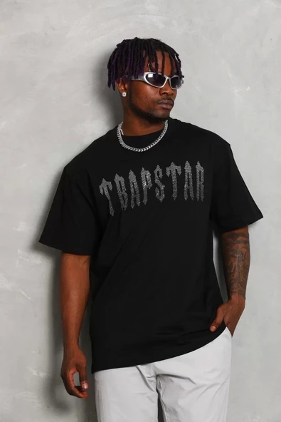 Unisex Oversize Taşlı Bisiklet Yaka T-Shirt - Siyah ürün görseli