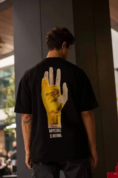 Unisex Bisiklet Yaka Baskılı Oversize T-Shirt - Siyah - Resim 2