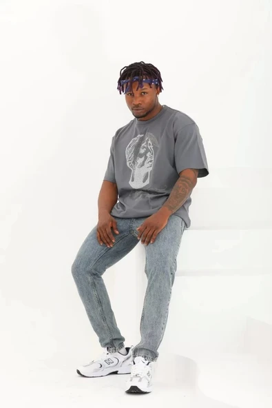 Unisex Oversize Taşlı Bisiklet Yaka T-Shirt - Füme - Resim 4