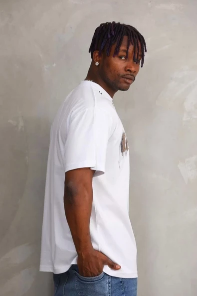 Unisex Kuşgözü Detaylı Baskılı Oversize T-Shirt - Beyaz - Resim 4