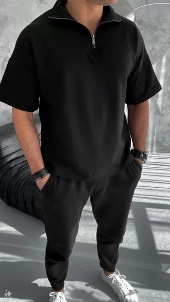 Unisex Yarım Fermuarlı Basic T-Shirt - Siyah - Resim 3