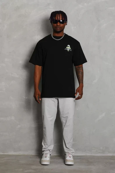 Unisex Oversize Baskılı Bisiklet Yaka T-Shirt - Siyah - Resim 5