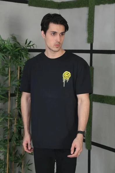 Unisex Bisiklet Yaka Baskılı Oversize T-Shirt - Siyah - Resim 2