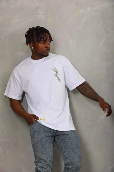 Unisex Oversize Baskılı Bisiklet Yaka T-Shirt - Beyaz ürün görseli