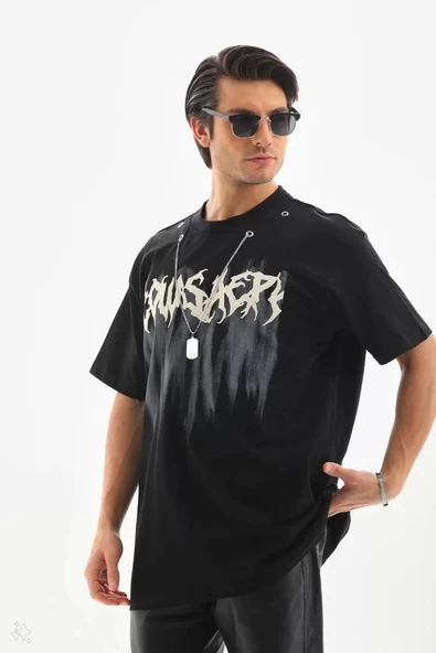 Unisex Oversize Kolye Dahil T-Shirt - Siyah - 3