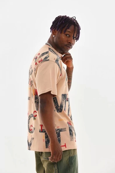 Unisex Baskılı Oversize T-Shirt - Bej - Resim 5