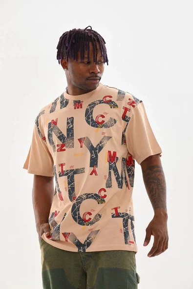 Unisex Baskılı Oversize T-Shirt - Bej - Resim 3